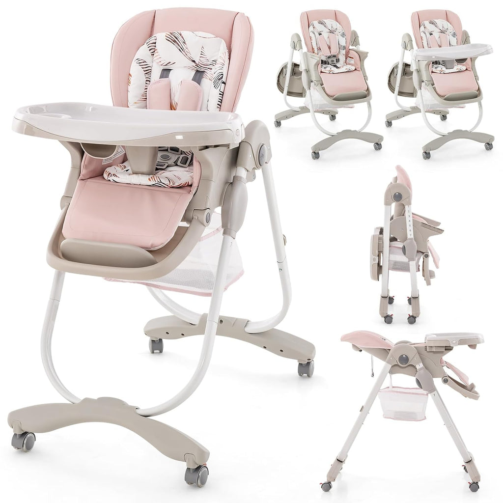 HONEY JOY Baby High Chair, Foldable High Chairs for Babies and Toddlers, Adjustable Heights, Recline Backrest & Footrest, Double-Layer Tray & Cushion, Portable Infant Highchair with Wheels (Pink)