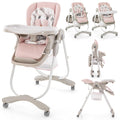 HONEY JOY Baby High Chair, Foldable High Chairs for Babies and Toddlers, Adjustable Heights, Recline Backrest & Footrest, Double-Layer Tray & Cushion, Portable Infant Highchair with Wheels (Pink)