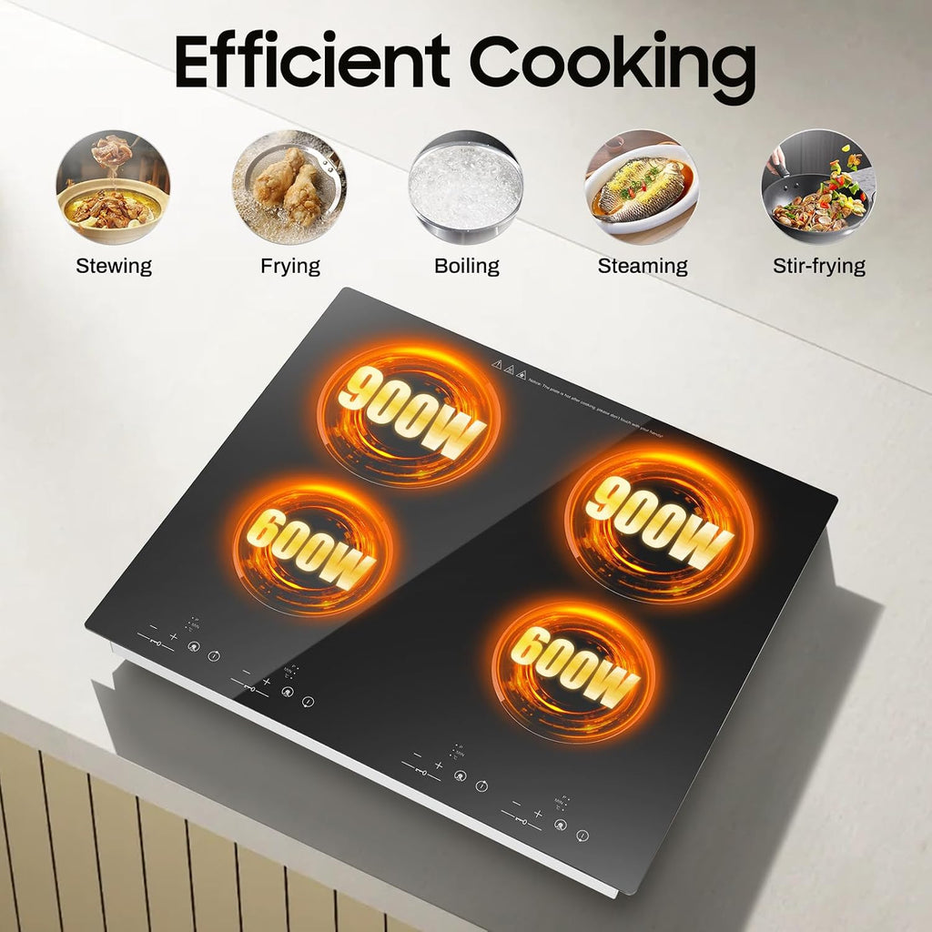 4 Burners Electric Cooktop 24 inch, 3000W Built-in/Countertop Ceramic Stove with 9 Power Levels, 110V Black Glass Electric Stove Top Burner with Child Lock, Timer, Overheat Protection for Home Kitchen