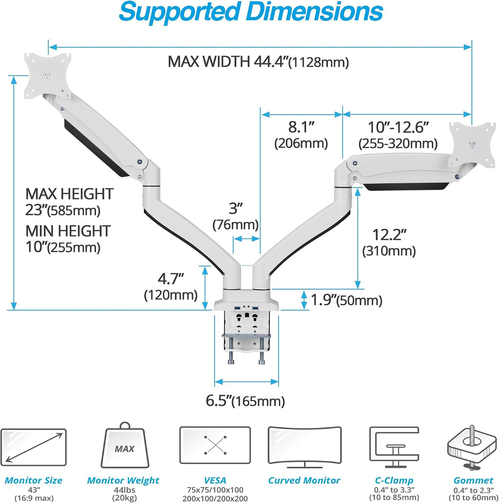 AVLT Dual Monitor Arm Desk Mount for 13'–43' Flat/Curved Screens with USB-A Pass-Through, Full Motion Height Adjustable Swivel Tilt Rotation VESA/C-Clamp/Grommet/Cable Management, White