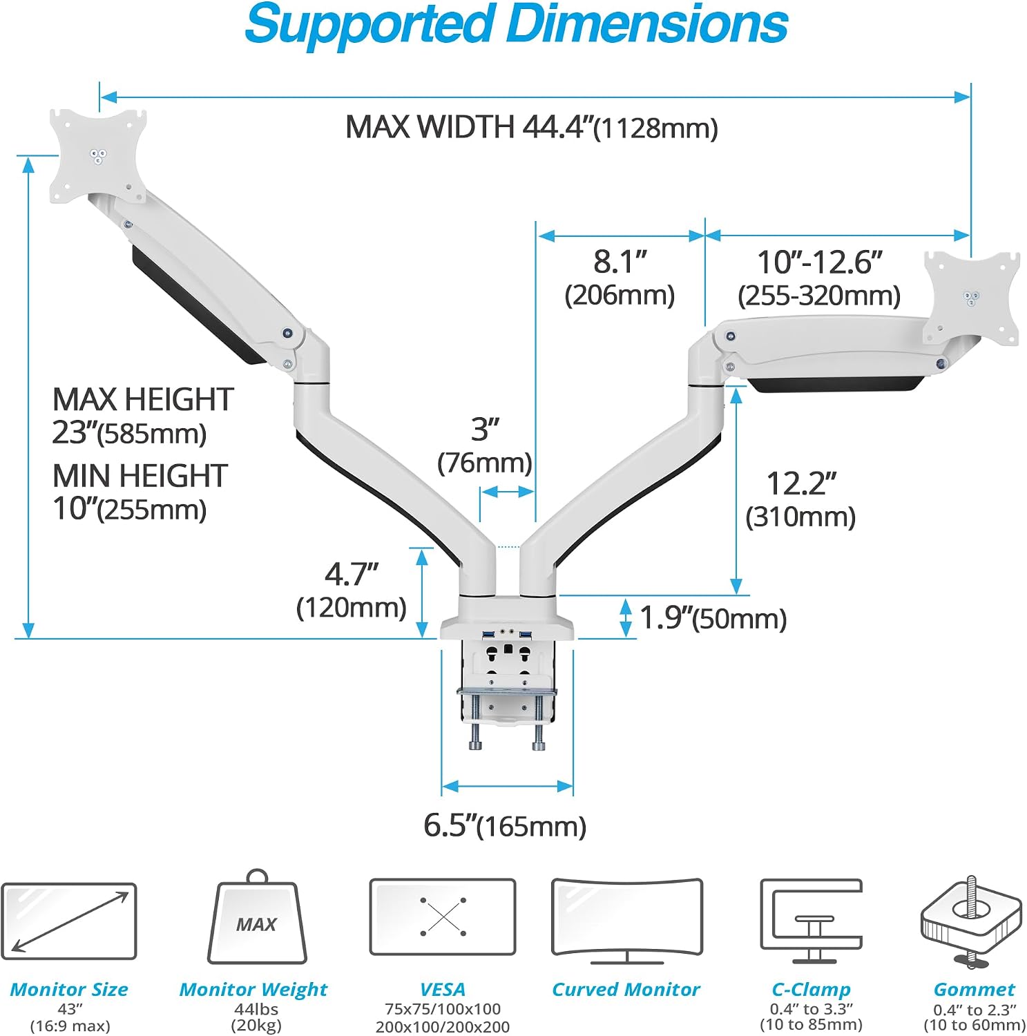 AVLT Dual Monitor Arm Desk Mount for 13'–43' Flat/Curved Screens with USB-A Pass-Through, Full Motion Height Adjustable Swivel Tilt Rotation VESA/C-Clamp/Grommet/Cable Management, White