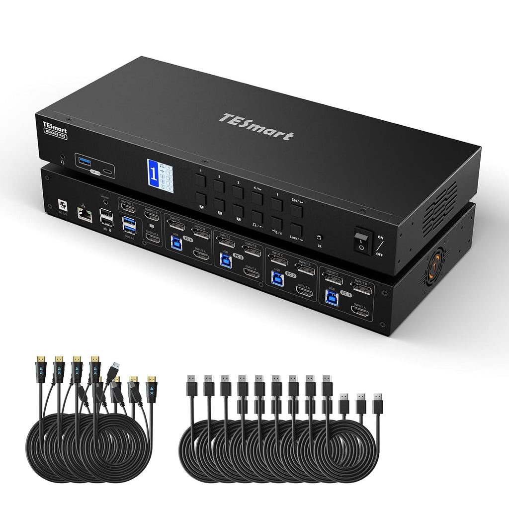 TESmart USB 3.0 KVM Switch 3 Monitors 4 Computers 4K@60Hz, HDMI+DP KVM Docking Station, EDID Emulators, 1G Ethernet, Hotkey Switch, 2K@144Hz for Gaming & Home Office, Audio & Mic with All Input Cables