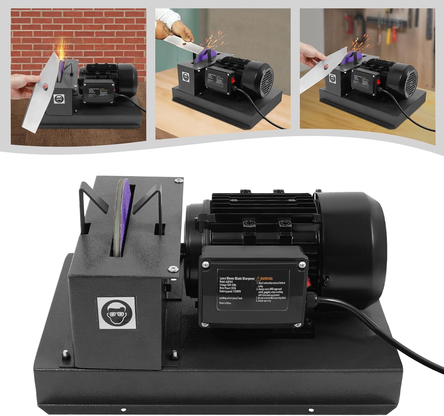 2/3HP 500W Lawn Mower Blade Sharpener with 7'' Grinding Wheel & 2 Sandpapers, 1700 RPM Mower Blade Grinder Sharpening Machine for High/Low Lift, Gator & Flat Blades