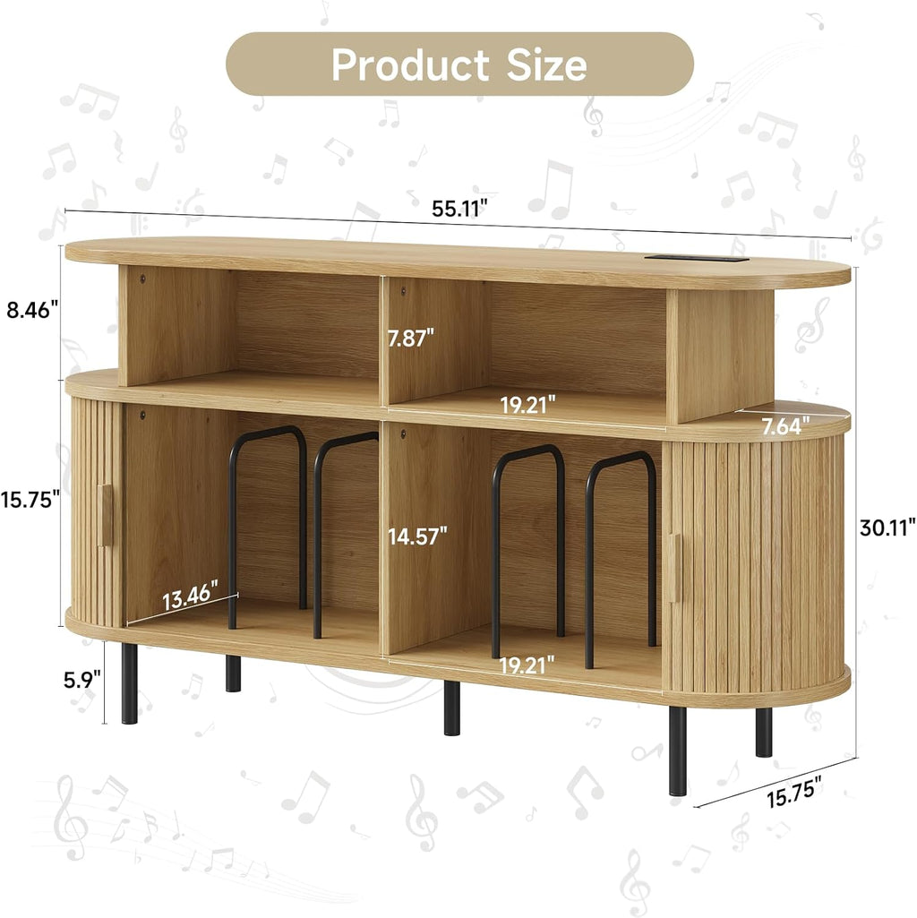 55' Large Round Record Player Stand with Charging Station, Vinyl Record Storage Cabinet, Mid Century Modern Turntable Stand with Open Shelves Holder for Bedroom Living Room, Sliding Doors (Oak)