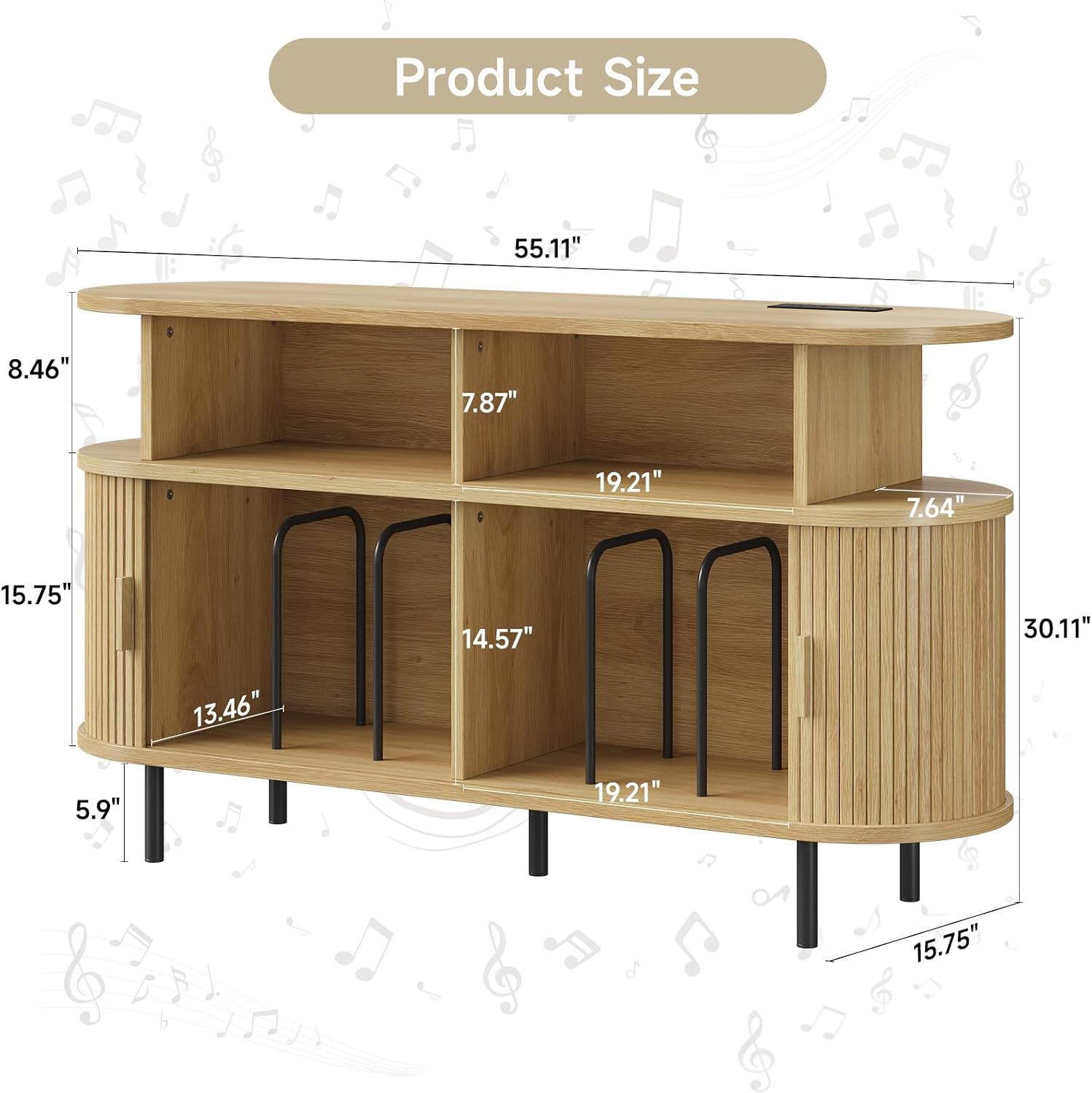 55' Large Round Record Player Stand with Charging Station, Vinyl Record Storage Cabinet, Mid Century Modern Turntable Stand with Open Shelves Holder for Bedroom Living Room, Sliding Doors (Oak)
