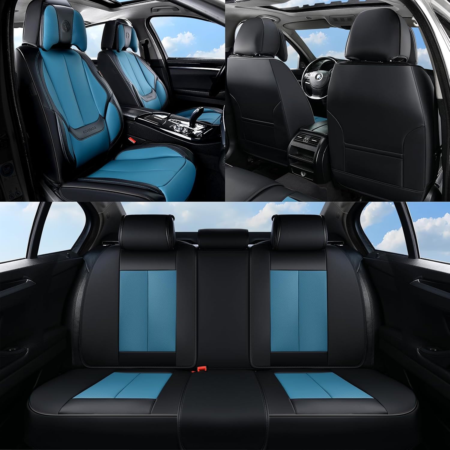 Coverado Seat Covers Full Set, Seat Covers for Cars, 5 Seats Waterproof Nappa Leather Car Seat Covers with Head Pillow, Seat Protectors Car Seat Cushion Universal Fit for Most Cars (Black&Blue)