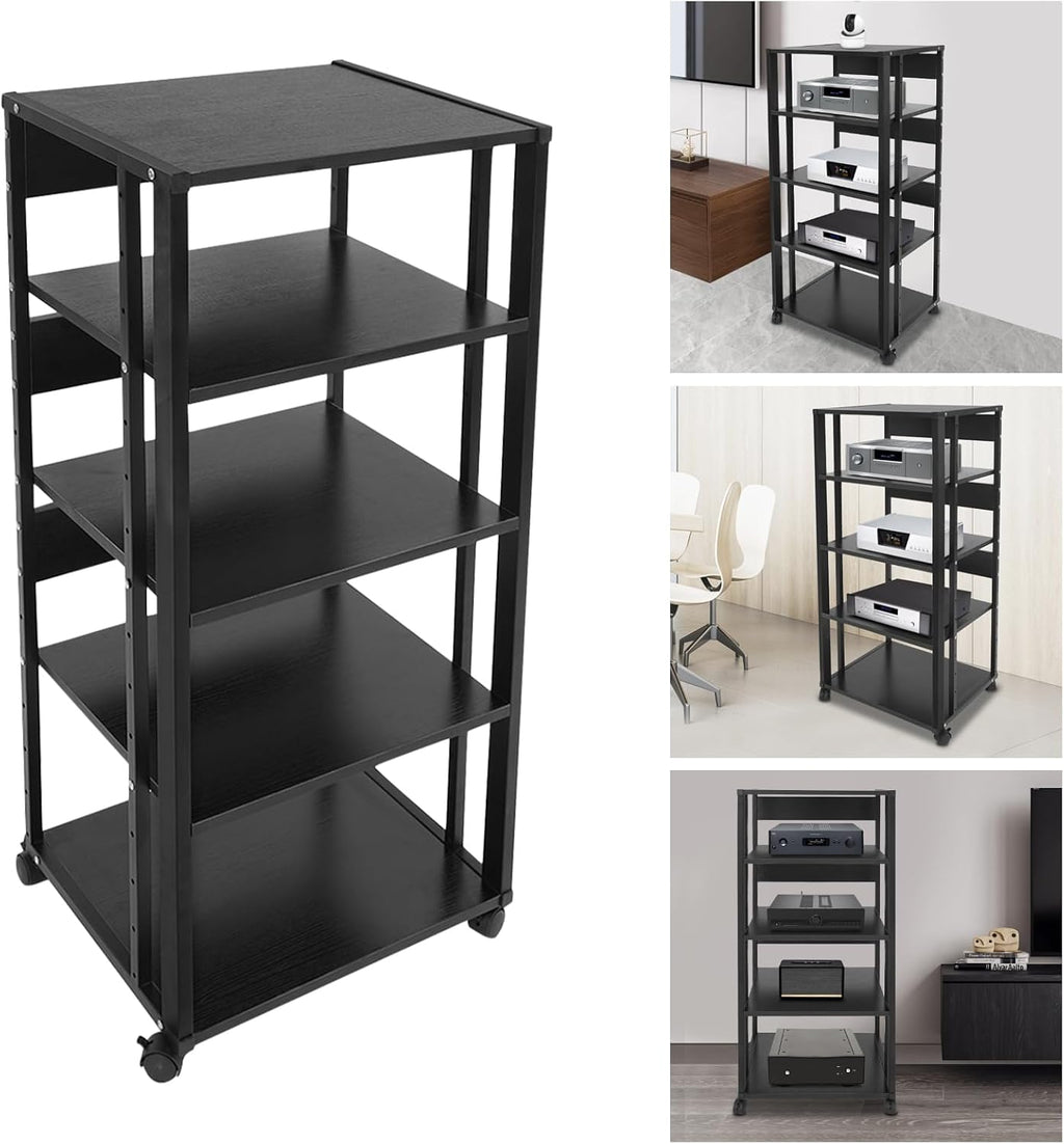 5-Tier Audio-Video Media Stand with Adjustable Shelves, Home AV Media Stand Rack with 4 Lockable Wheels, Freestanding Media Stand for Holding Amplifiers, Books (Black)