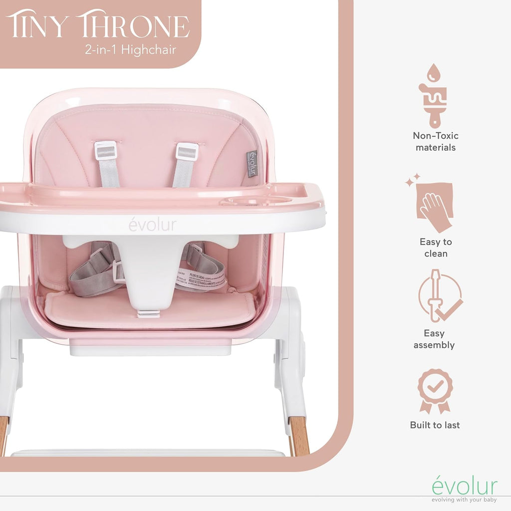 Evolur Tiny Throne 3-in-1 Convertible High Chair, Removable & Dishwasher Safe Tray, Converts to Booster Seat & Adult Stool, Easy-to-Clean Feeding Solution – Grapefruit Pink