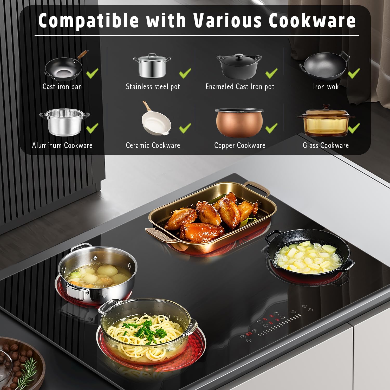 30 Inch Electric Cooktop 4 Burners with Slide Control, 6600W Built-in Radiant Electric Cooktop, 9 Power Levels, Hot Warning, 220V Hard Wire(No Plug)