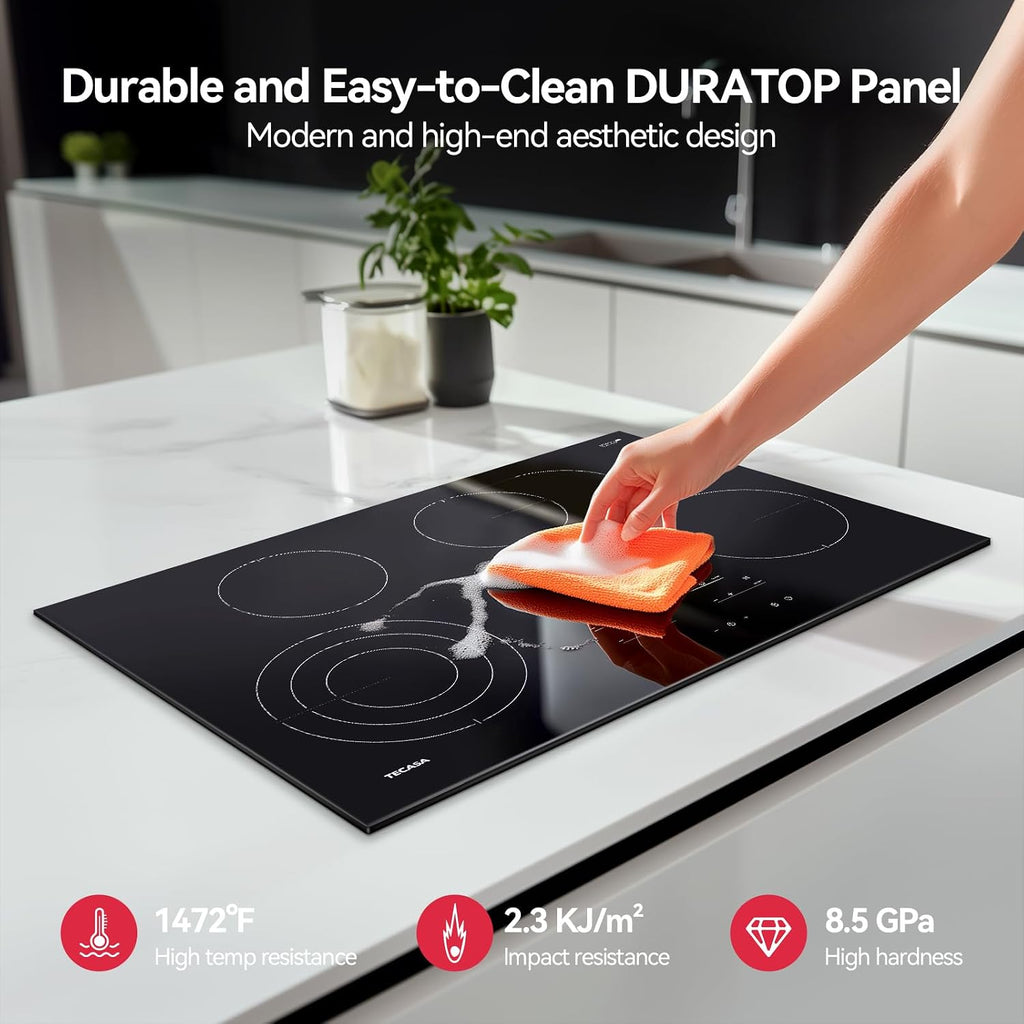 30 Inch Electric Cooktop, TECASA 7300W Radiant Electric Hob with 4 Burners, 240V Built-in Sensor Touch Control Stove Top with Child Safety Lock & Timer, 9 Heating Levels, Hard Wire (No Plug)