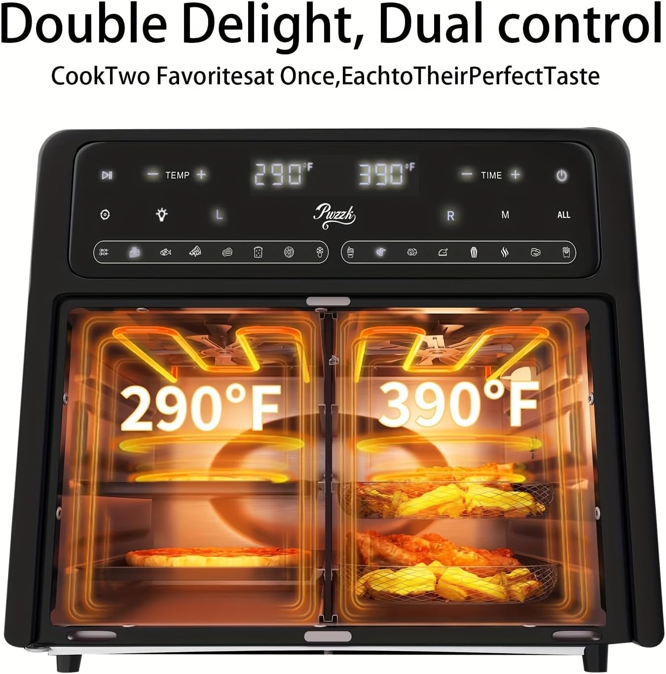 25.4QT Dual Zone Air Fryer Toaster Oven Combo, Featuring a French Door, Extra-Large Capacity, a Temperature Range of 100-430°F, 16 Preset Functions, an LED Display, Dual Fans (1)