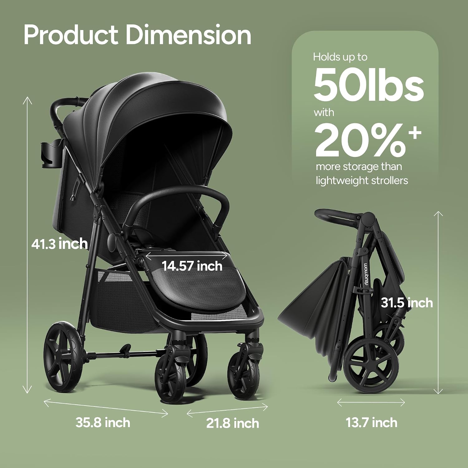 Mompush Nova Infant Baby Stroller for Newborn to Toddler, Oversized Seat up to 50 lbs, All-Terrain 10' Wheels & Suspension, One-Hand Fold; Lie-Flat Mode; UPF 50+ Canopy