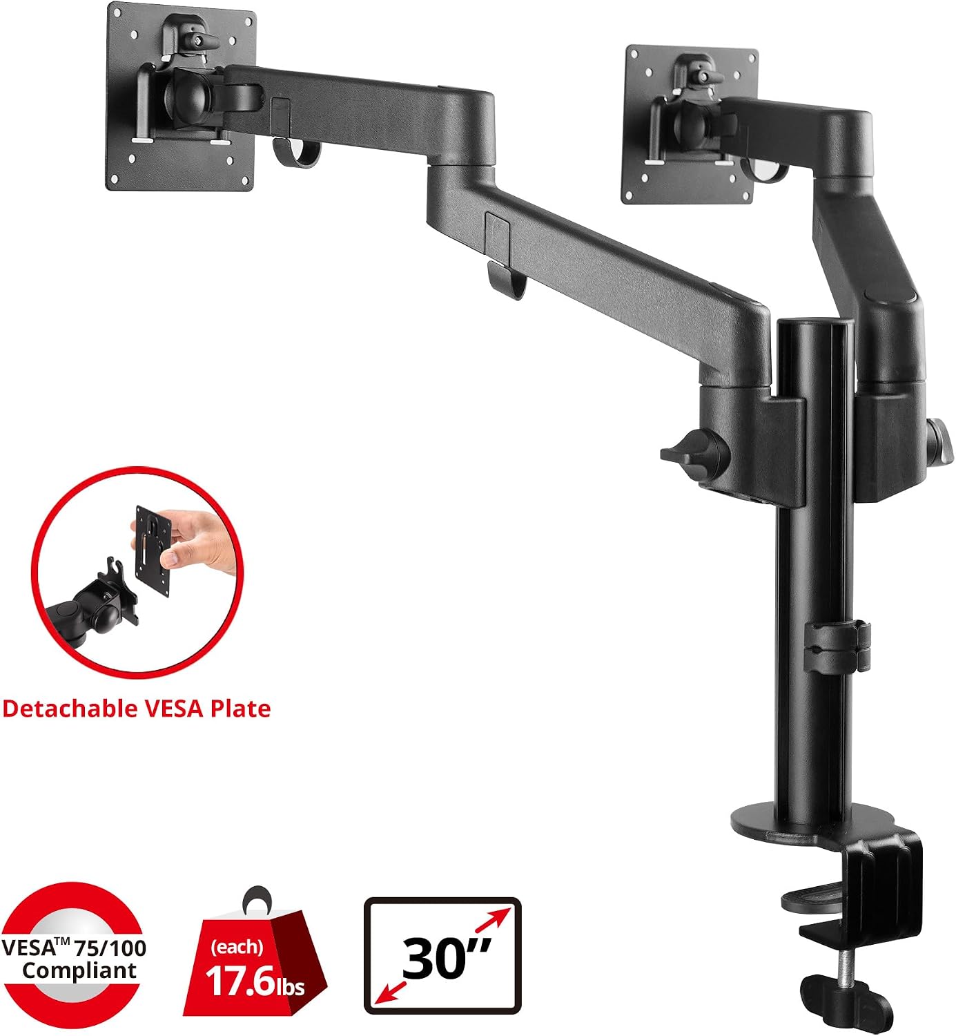 SIIG Dual Monitor Desk Mount, Replaceable Articulating Arm, 14' to 30', Fully Adjustable, Fits Flat/Curved Monitor, Load Bearing 17.6 lbs max Each, VESA 75x75 100x100, C-Clamp & Grommet(CE-MT3E11-S1)