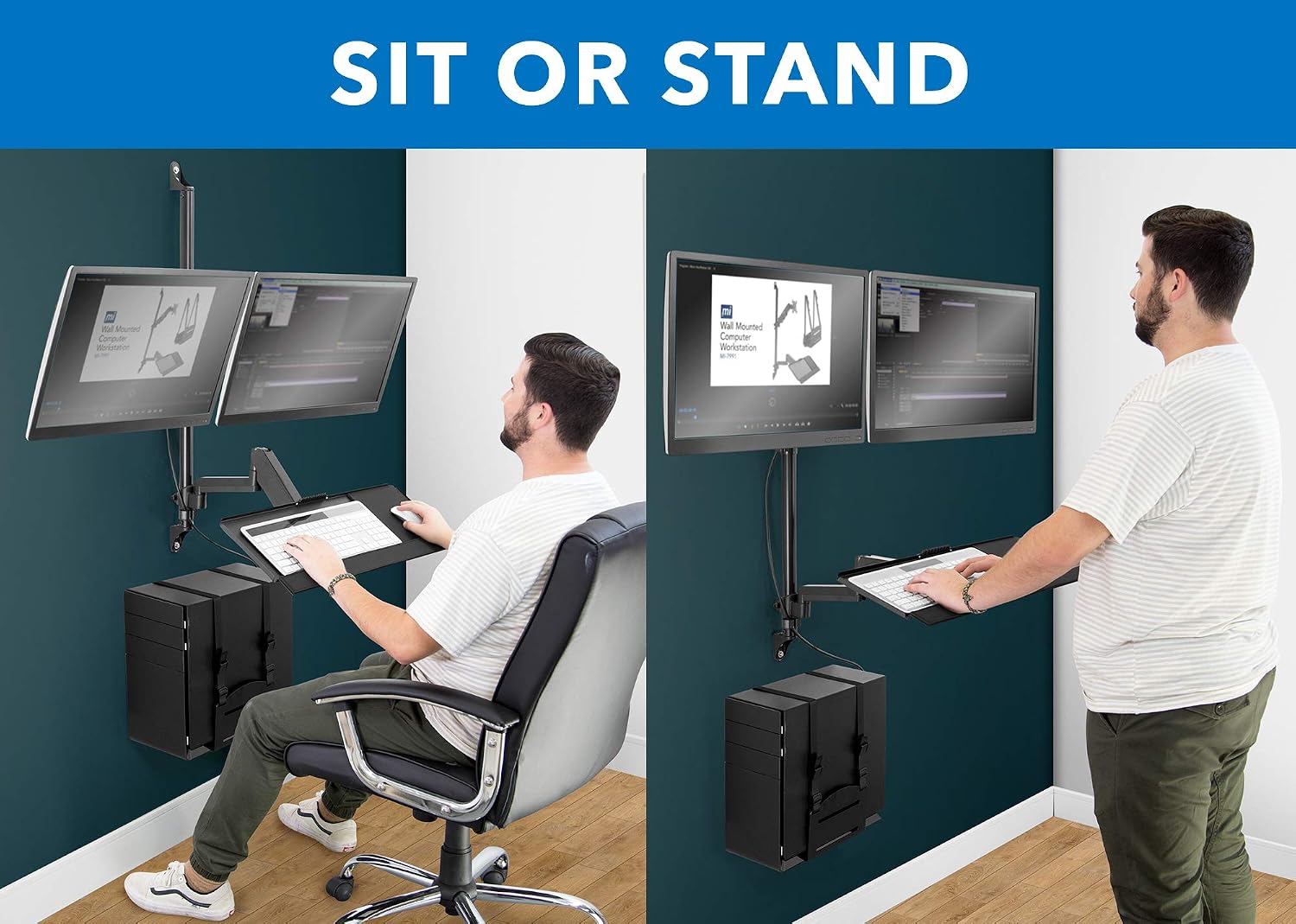 Mount-It! Dual Monitor Arm Wall Mount Workstation with Keyboard Tray & CPU Holder, Height Adjustable Gas Spring Full Motion Computer Station, Fits 17–32' VESA 75x75 100x100, Black