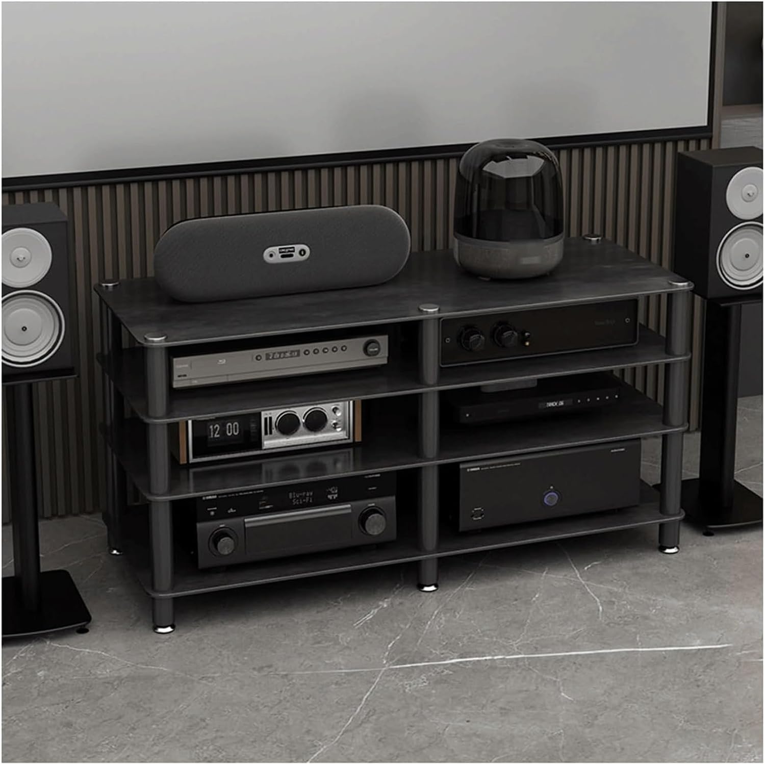 Audio Rack Stereo Rack Audio Equipment Rack Audio Open Rack Cabinet HiFi Rack Audio-Video Shelving with Stone Plate and Carbon Steel(Nero,4 Tier)