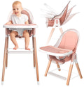 6 in 1 Deluxe Wooden High Chair for Babies & Toddlers Modern Safe Compact Baby Highchair, Easy to Clean, Removable Tray & Cushion, 6 Options 3 Seat Positions 2 Heights (Pink)