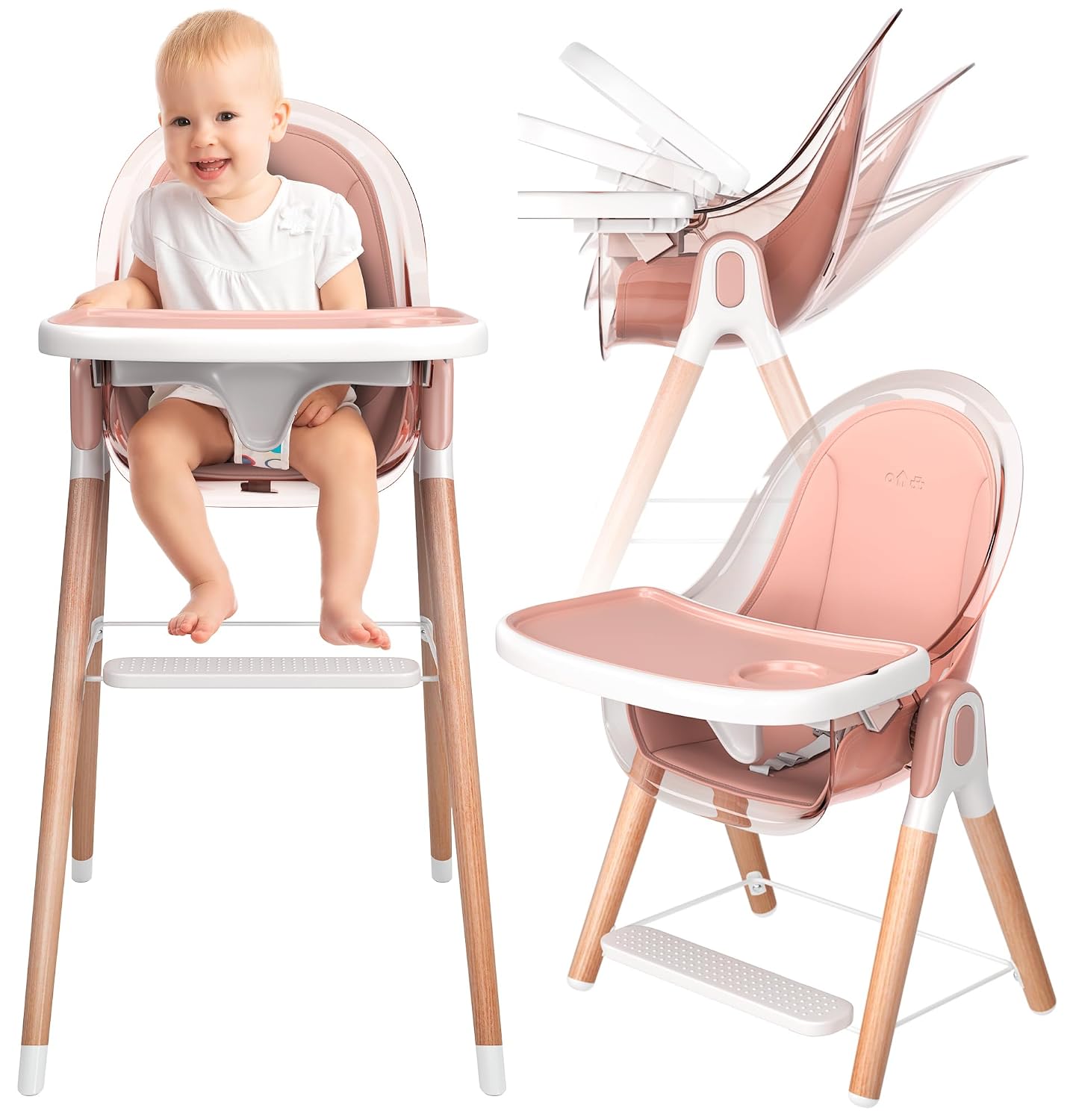 6 in 1 Deluxe Wooden High Chair for Babies & Toddlers Modern Safe Compact Baby Highchair, Easy to Clean, Removable Tray & Cushion, 6 Options 3 Seat Positions 2 Heights (Pink)