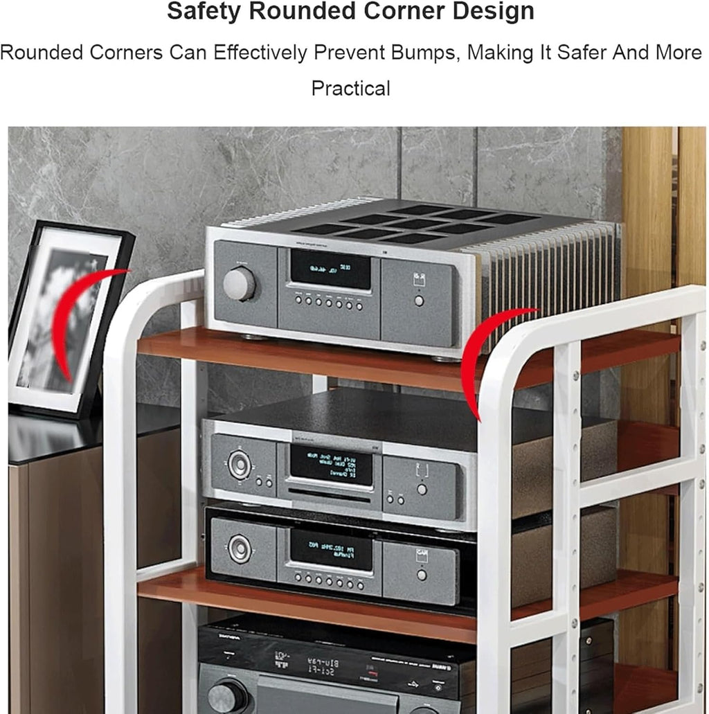 Audio Rack Steel Stereo Rack Audio Equipment Rack Audio Stereo Shelf Wooden Open Adjustable Audio-Video Shelving with Wheels Durable(Wei�,4 Tier)