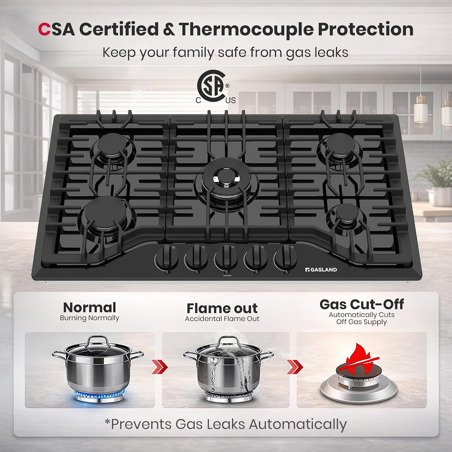 GASLAND 36 Inch Gas Cooktop 5 Italy Sabaf Burner, PRO GH2365EF, Built-in NG/LPG Convertible Stovetops, Gas Countertop Plug-in with Thermocouple Protection, CSA Certified, Black