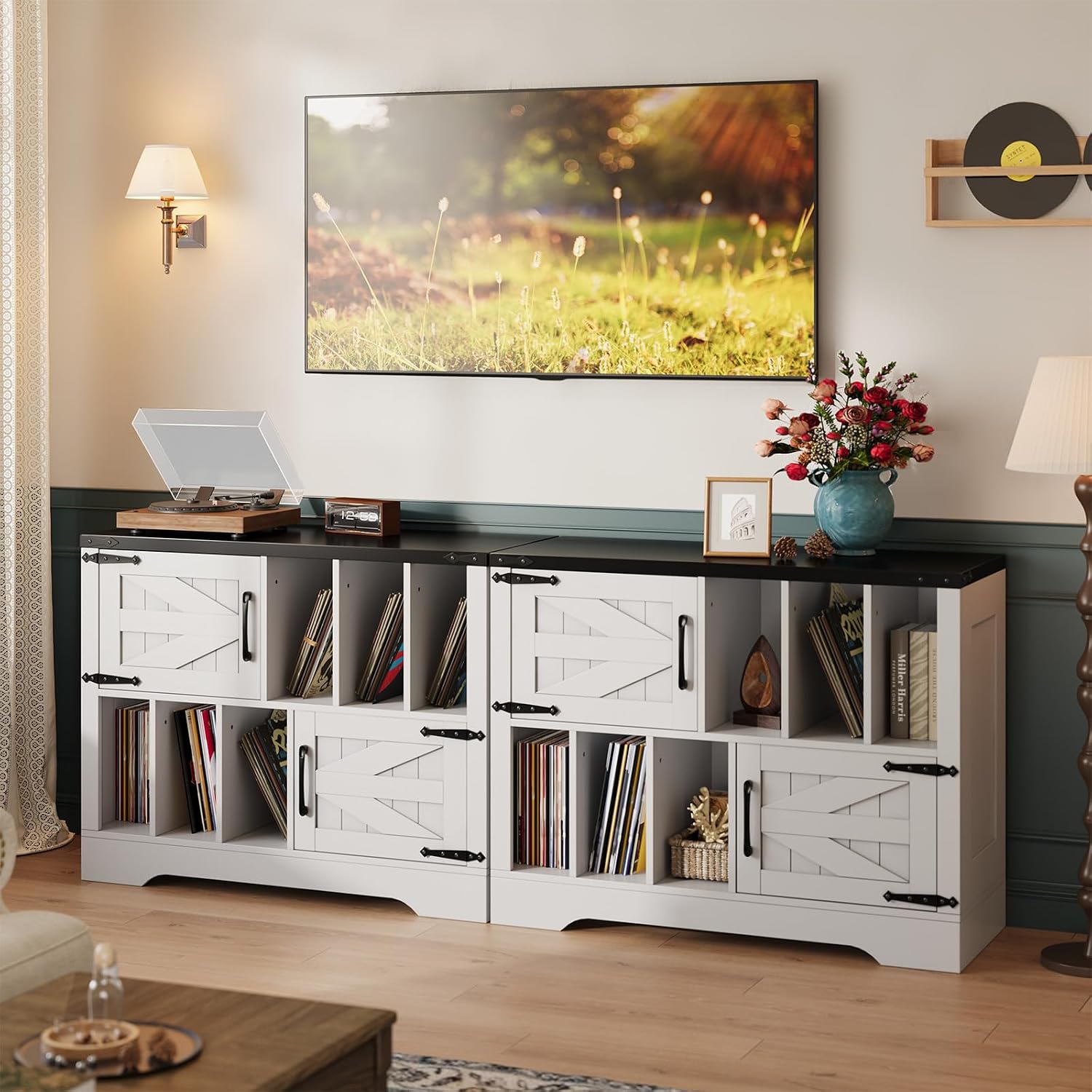 GarveeHome 39in Large Vinyl Record Storage, Farmhouse Wood Turntable Record Player Stand with Storage Cabinet and 2 Barn Doors for Living Room Bedroom, White