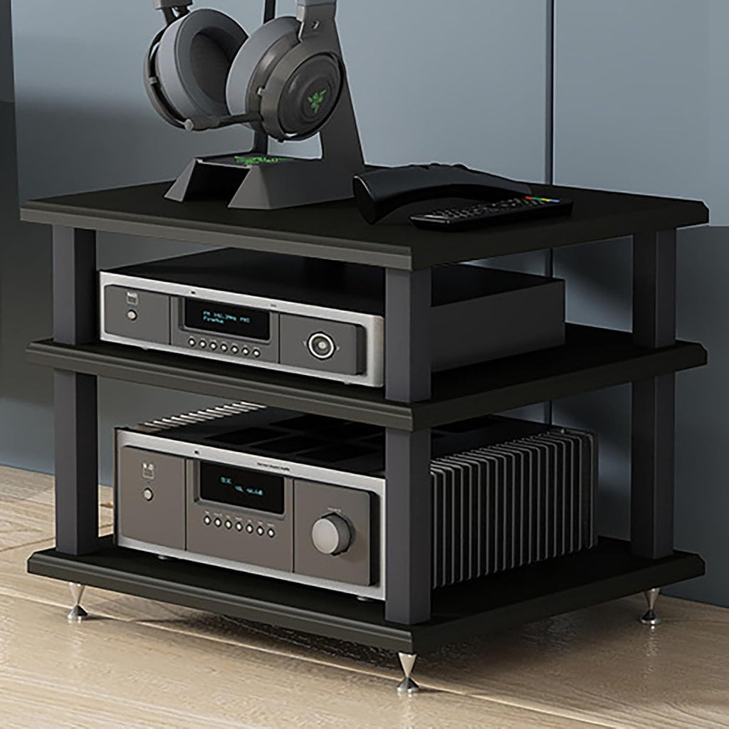 Portable AV Component Stand, Metal Audio Tower Rack, Media Storage Shelf, Stereo Player Cabinet, Carbon Steel Frame, Compact Entertainment Center for Desktop (Black, H25cm/9.8in)