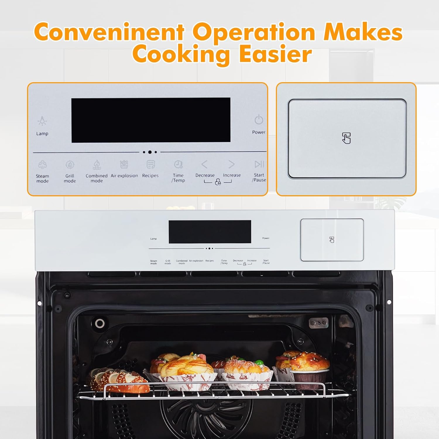 24 Inch Stainless Steel Toaster Oven and White Air Fryer Combo: 70L Capacity, 3D Heating with Steam, Touch Control, Multi-Function Modes for Countertop Built-in Use