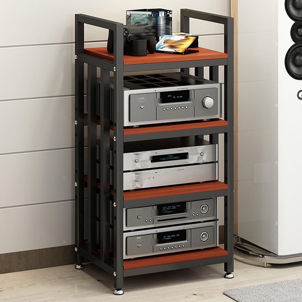 4-tier Media Stand Audio-video Shelving Stereo Console Stand Tower Rack Wooden Cabinet Open-Ended Electronics Equipment Shelf with Height Adjustable Shelves for TV Box/DVD Player Gaming Rec Room(Black