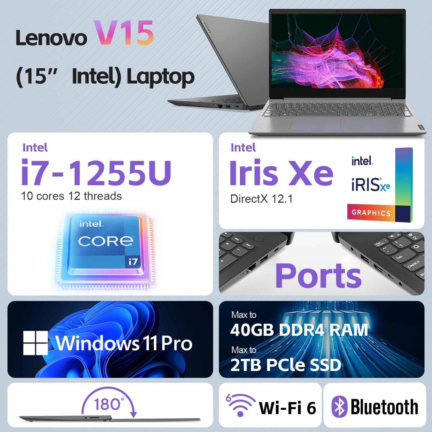 Lenovo Laptop V15 for Business (15.6' FHD Anti-Glare, Intel i7-1255U, 16GB RAM, 512GB PCIe SSD), Numeric Keypad, Type-C, Ethernet, Wi-Fi, Webcam, Military Grade, Win 11 Pro (Renewed)
