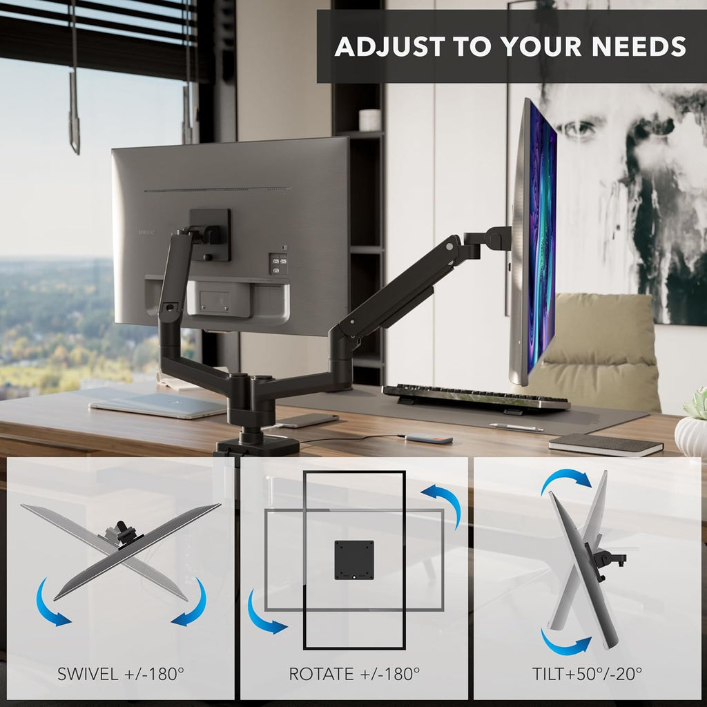 Mount-It! Proflex Series Heavy-Duty Dual Monitor Arm for 17–35' Screens, Gas Spring, Full Motion, USB-C & USB 3.0 Ports, VESA 75/100, Fits Ultrawide & Curved Displays, Clamp or Grommet Base
