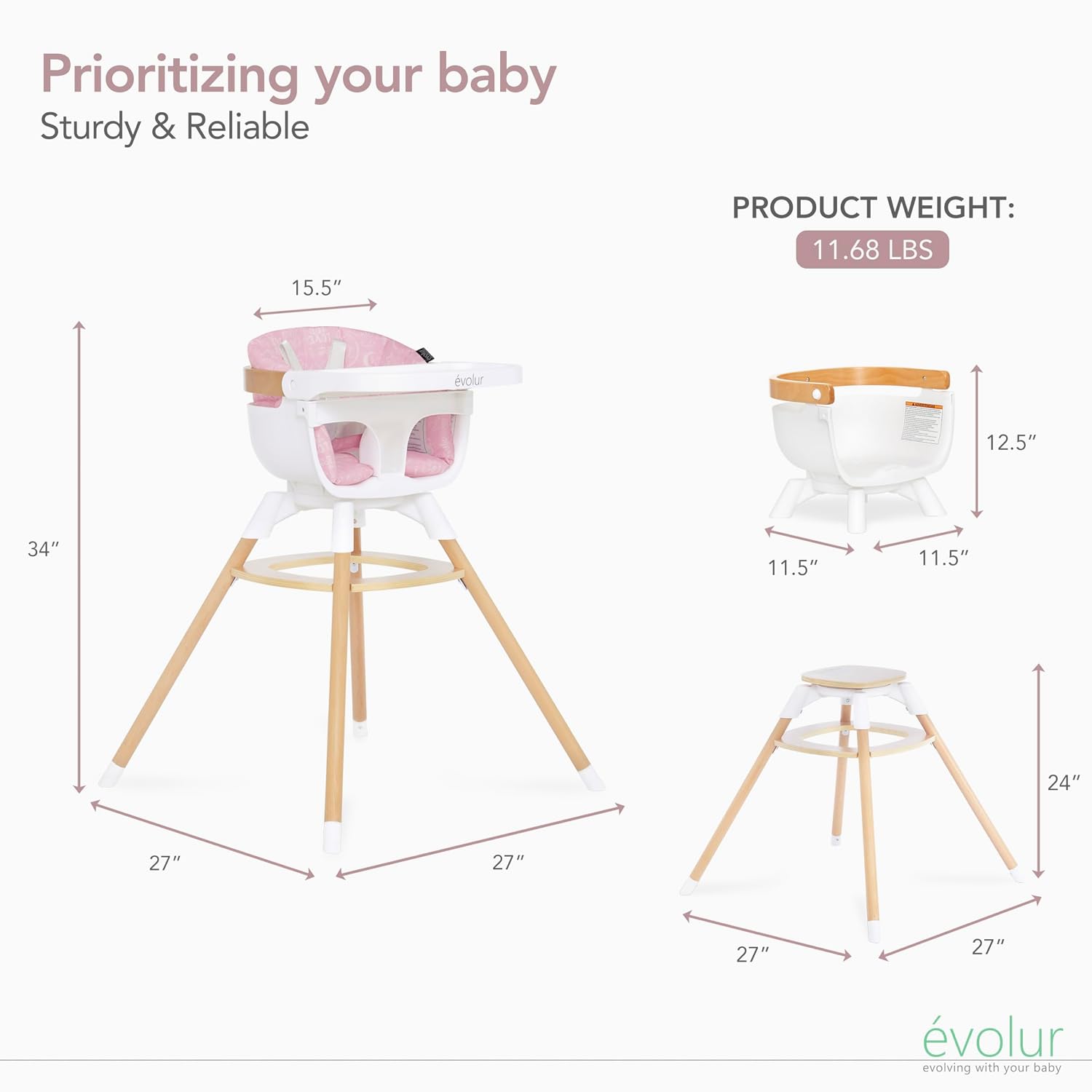 Evolur Ann Beechwood 4-in-1 Highchair | 360 Seat Rotation | Booster seat | Floor Chair | Bar Stool Chair | 5 Point Safety Harness | Pink