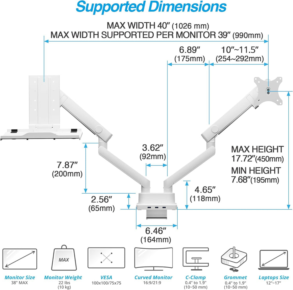 AVLT Dual 17'-38' Monitor Arm Desk Mount with 17' Laptop Tray and USB-C Docking Station, HDMI 4K60Hz, USB-A 5Gbps, Ethernet, 100W PD, Fits Two Flat/Curved - White
