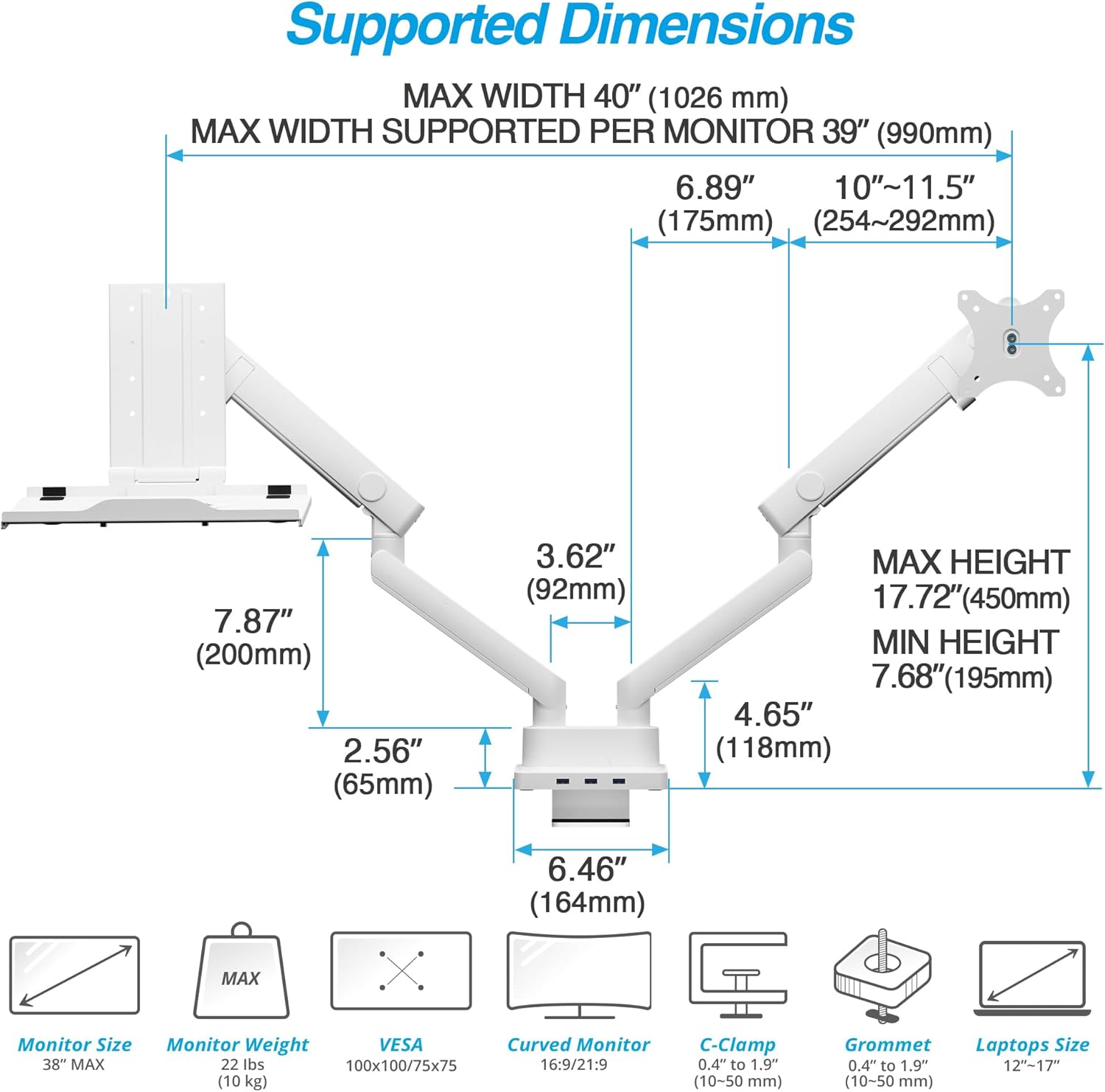 AVLT Dual 17'-38' Monitor Arm Desk Mount with 17' Laptop Tray and USB-C Docking Station, HDMI 4K60Hz, USB-A 5Gbps, Ethernet, 100W PD, Fits Two Flat/Curved - White