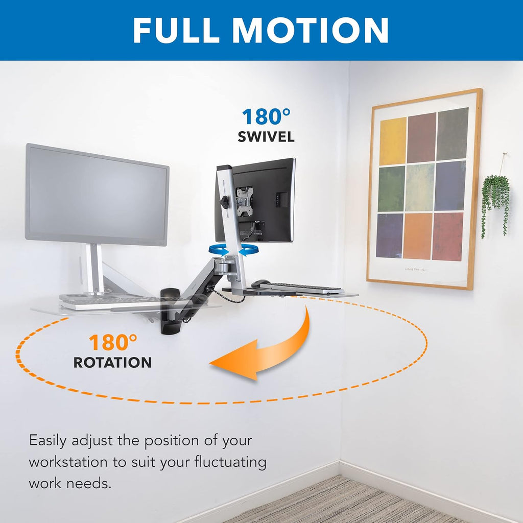 Mount-It! Wall Mounted Sit-Stand Single Monitor Workstation with Gas Spring Arm, Keyboard Tray & CPU Holder, 19.9' Height Adjustment, 41' Extension, VESA 75x75 100x100, MI-7905