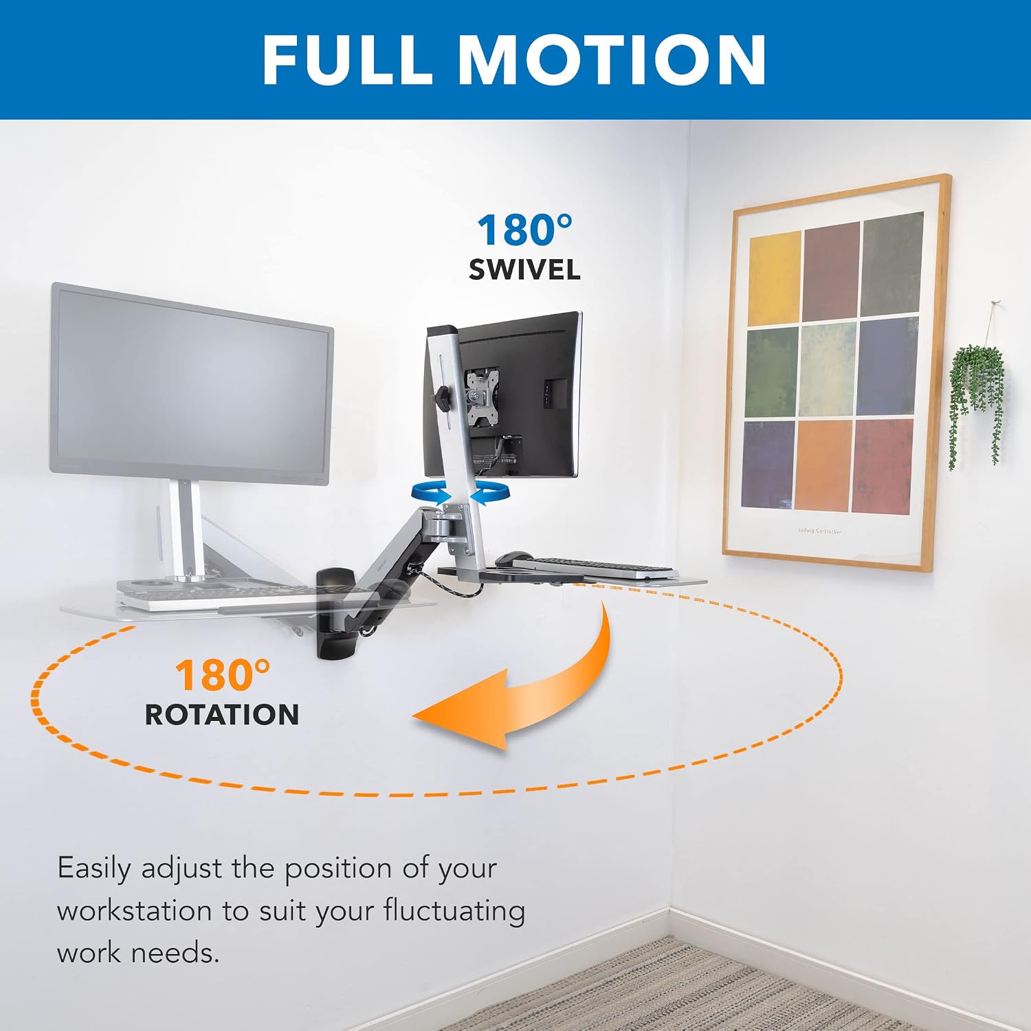 Mount-It! Wall Mounted Sit-Stand Single Monitor Workstation with Gas Spring Arm, Keyboard Tray & CPU Holder, 19.9' Height Adjustment, 41' Extension, VESA 75x75 100x100, MI-7905
