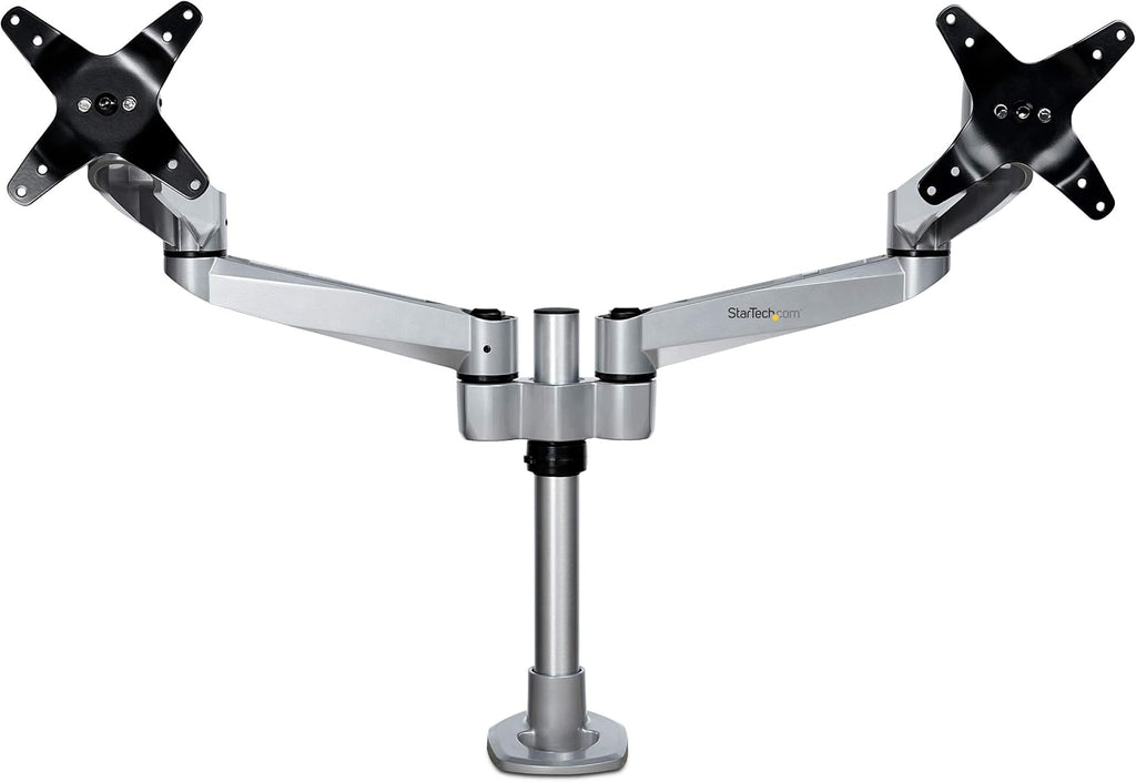 StarTech.com Desk Mount Dual Display Arm, Premium Articulating VESA Mount for Screens up to 27' (17.6lb/8kg), Height Adjustment, Rotate, Tilt, Swivel, Clamp or Grommet Base, TAA