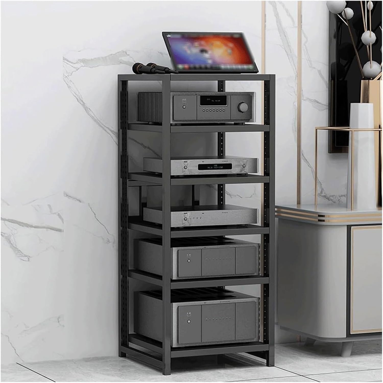 Audio Rack 3/4/5/6 Tier Stereo Rack Audio Equipment Rack Audio Open Rack Cabinet Wooden with Adjustable Shelves AV Stand Waterproof(Nero,6 Tier)