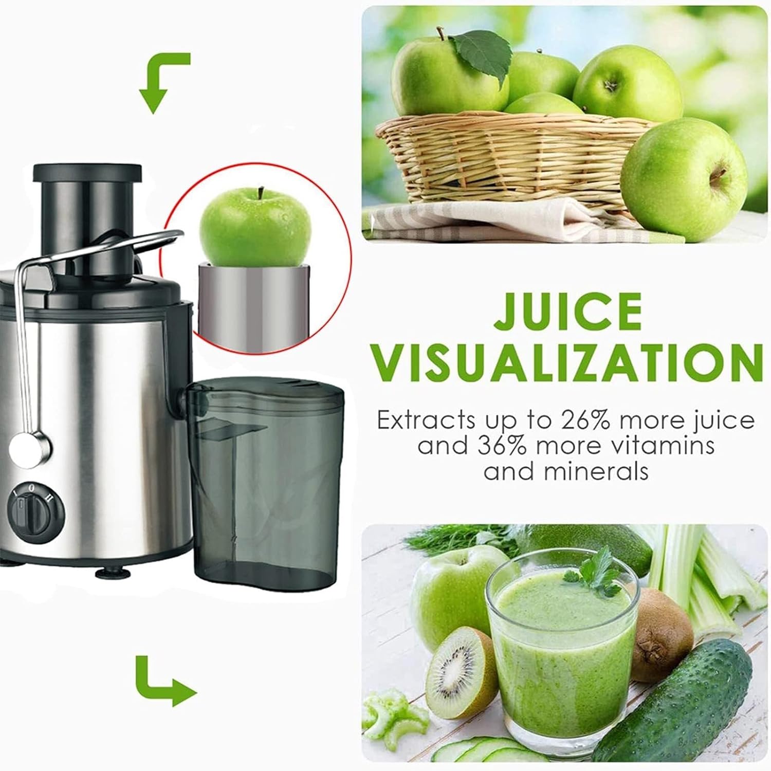 Juicer Machine 800W Electric Separation Centrifugal Orange Juice Extractor Whole Fresh Fruits And Vegetables, Easy To Clean,Stainless Steel with 2 Dual Speed