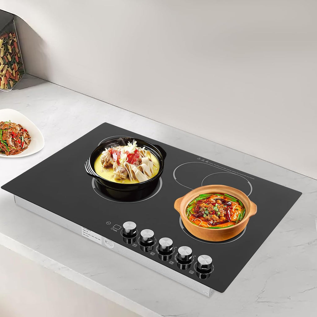Electric Cooktop, 4 Burner 3700W Built-in Stovetop, Electric Stove Top with Timer, 5 Heating Level, Kid Safety Lock, 110V Hard Wire, No Plug