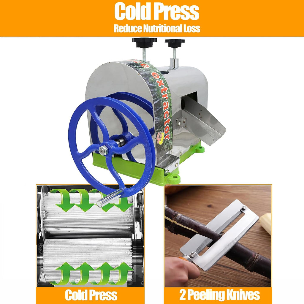 TECHTONGDA Efficient Manual Sugar Cane Juicer Machine, 330LB/H Output Sugar Cane Juicer Press, 2.4' Large Inlet Sugarcane Press Extractor with 2 Peeling Knives, Ideal for Homes, Shops, Restaurants