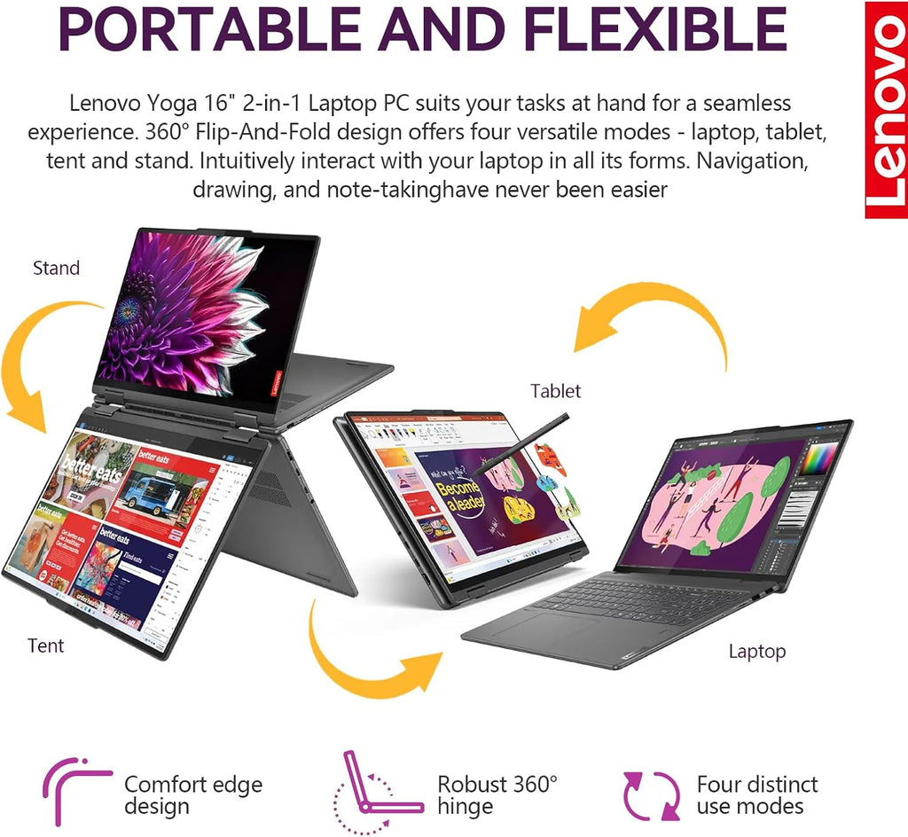 Lenovo Yoga 7i 2 in 1 Laptop Touchscreen, 16' FHD+ 360 Foldable Touch Screen Convertible, Intel Core Ultra 7, Windows 11 Pro Laptop PC, 16GB DDR5 RAM 512GB SSD, Backlit 10-Key, Fingerprint
