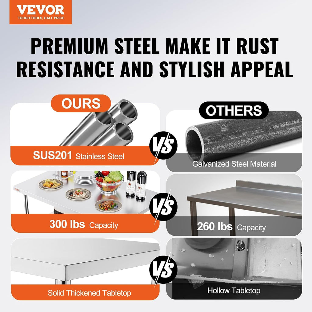 VEVOR Stainless Steel Foldable Work Table, 30 * 48 Inch Heavy Duty Food Outdoor Double Layer Stainless Steel Worktable for Commercial Kitchen Restaurant