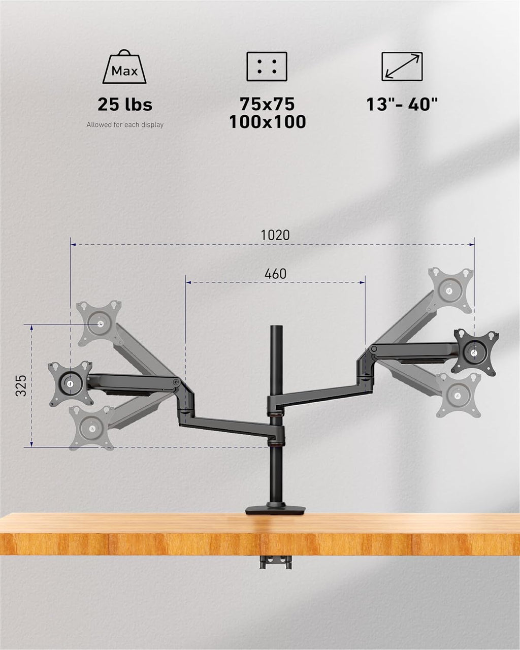 Ergounion Quad Monitor Mount, Holds Screens up to 40 Inches and 25 lbs, Fully Adjustable 4 Monitor Stand with C-Clamp and Grommet Base, Aluminum, Black