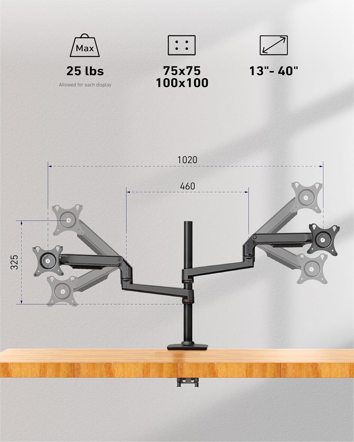Ergounion Quad Monitor Mount, Holds Screens up to 40 Inches and 25 lbs, Fully Adjustable 4 Monitor Stand with C-Clamp and Grommet Base, Aluminum, Black