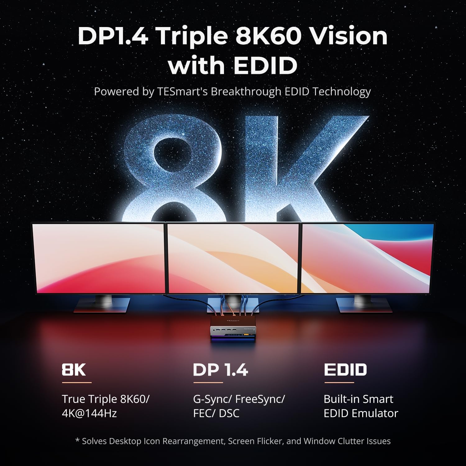 TESmart DP KVM Switch 3 Monitors 2 Computers 8K@60Hz,USB 3.0 KVM Switch Triple Monitor 2 Computers DisplayPort 1.4, EDID, 1G Ethernet, Hotkey Switch, 4K@144Hz for Gaming&Home Office