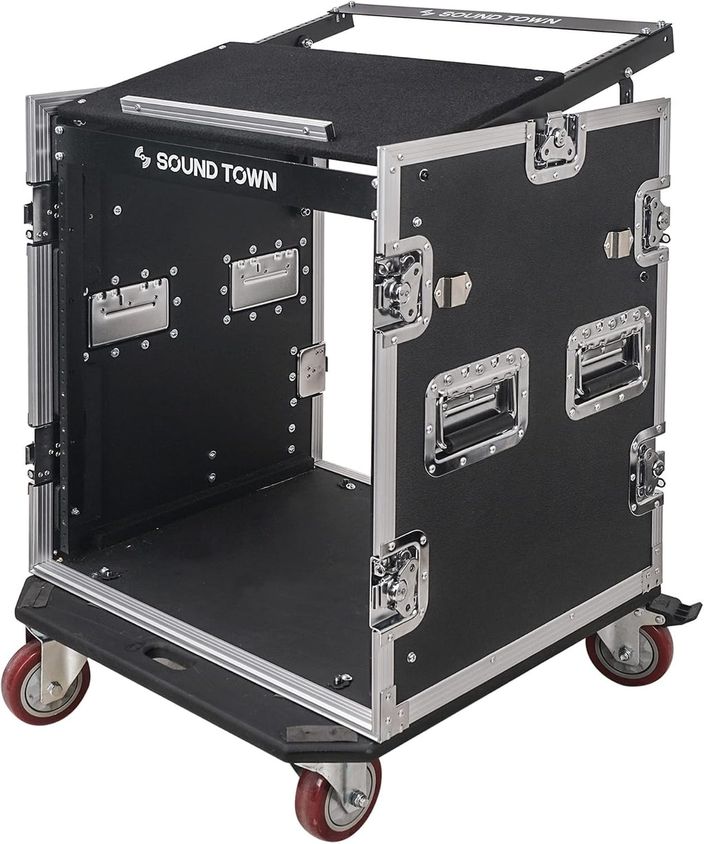 Sound Town Enhanced 1/2' (12mm) Plywood 12U PA DJ Rack/Road Case with 11U Slant Mixer Top, 20'' Rackable Depth, DJ Work Table and Casters, 12-Space ATA Case, Pro Tour Grade (STMR-S12UWT)
