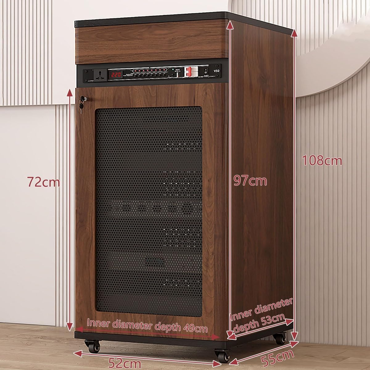 Media Stand Corner Shelf, Solid Wood AV Media Storage Cabinet with Wheels, Floor-Standing Audio Rack with Drawer, 4 Tiers for Stereo Equipment