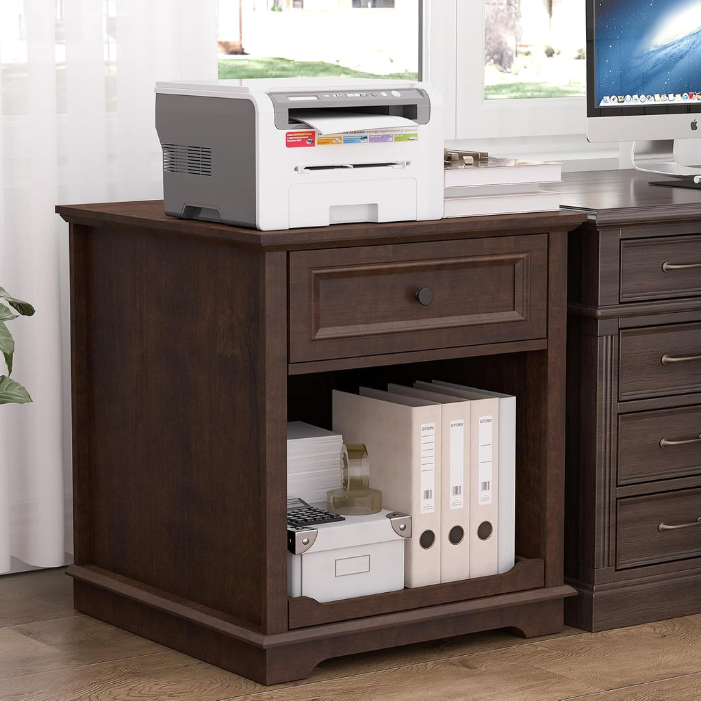 REDAYFUR Lateral File Cabinet 3 Drawer File Cabinet with Charging Station, Wood Lateral Filing Cabinet, Printer Stand with Open Adjustable Storage Shelves for Home Office, Cherry