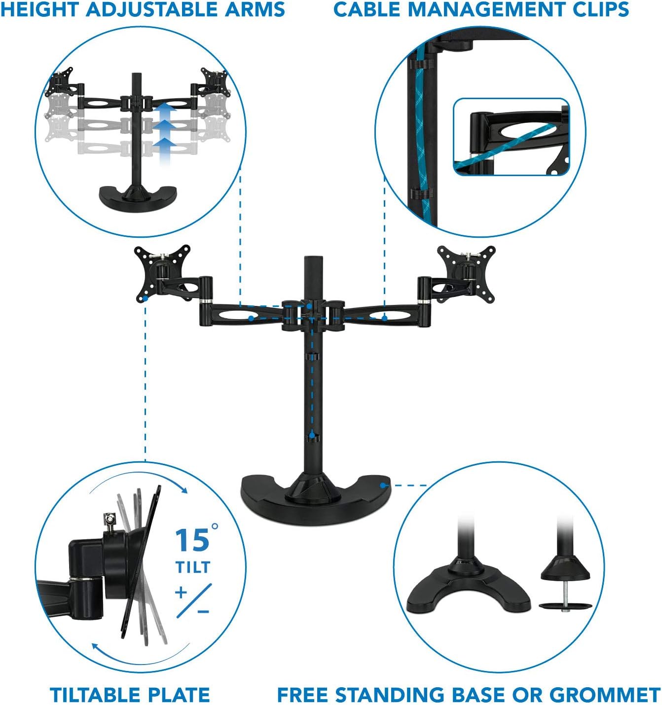 Mount-It! Dual Monitor Stand for Desk, Adjustable Monitor Stand for 2 Screens up to 27', 22 lbs Each, VESA 75x75 100x100, Full Motion Arms, Free Standing Base or Grommet Mount, MI-792