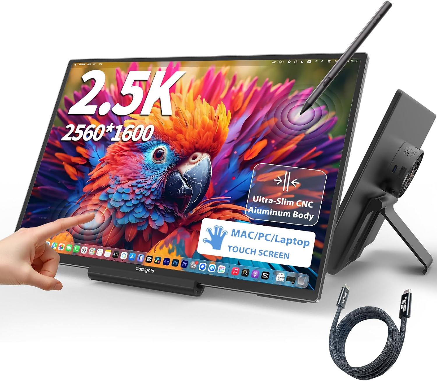 Portable Monitor Touchscreen for Mac 13.3' 2.5K Touch Screen Monitor with Protective Sleeve, USB-C Plug & Play 1500:1 0.22' Laptop Screen Extender for Mac Laptop PC with Stand and Stylus