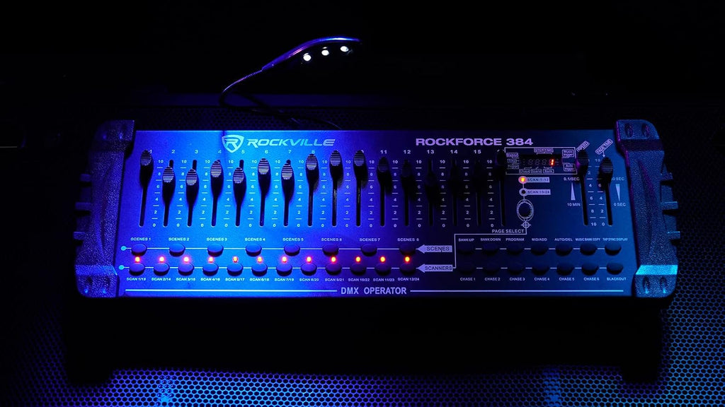 Rockville ROCKFORCE Bundle: 384 Channel DMX Light/Fog Controller with MIDI Control, RRB40 4U Rack Bag with 12' Depth and Shoulder Strap, 2-Items
